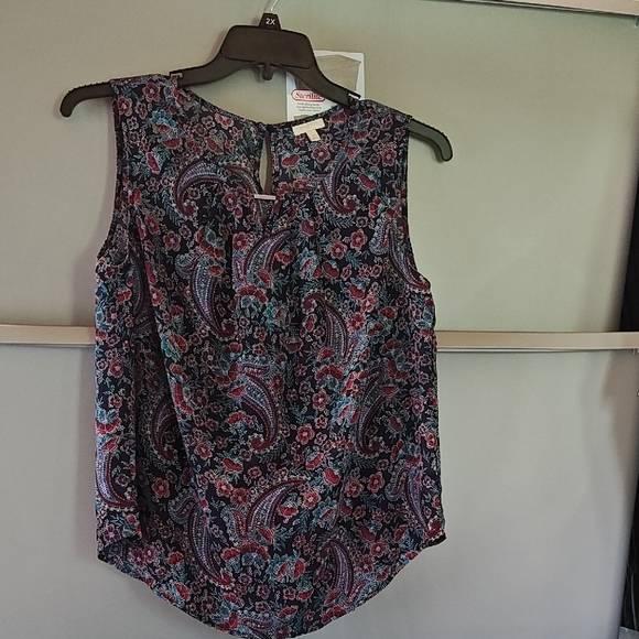 Talbots Tops - Talbots Shirt Womens Medium Black Red Floral Sheer V Neck Sleeveless Career Top